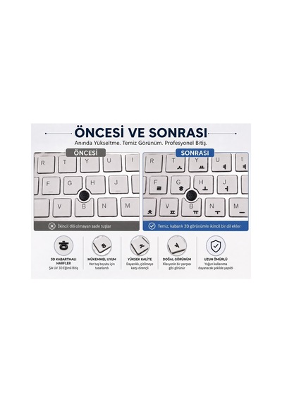 Siyah Korece Klavye Etiketi 3d Uv Kabartmalı 46 Adet Şeffaf Sticker Notebook Ve Masaüstü Uyumlu