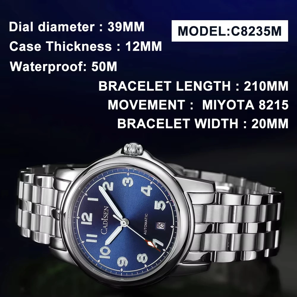 Cadisen C8235 Otomatik Erkek Kol Saati Safir Kristal Cam Miyota Mekanizma - Mavi Gümüş
