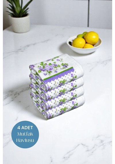 4lü Paket Baskılı Beyaz Mutfak Havlusu Modeli Lila Güller