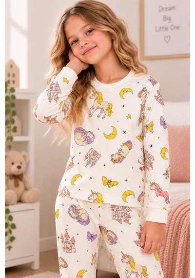 Free Beka Desenli Bisiklet Yaka %100 Pamuklu İnterlok Kumaş Kız Çocuk Uzun Kollu Pijama Takımı Ekru Free Beka Desenli Bisiklet Yaka %100 Pamuklu İnterlok Kumaş Kız Çocuk Uzun Kollu Pijama Takımı Ekru