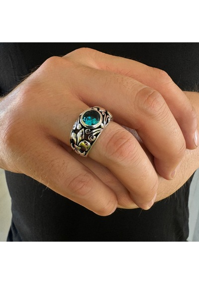 Takılingo 925 Ayar Gümüş Mavi Aquamarine Taşlı Zambak Motifli Erkek Yüzük Gümüş