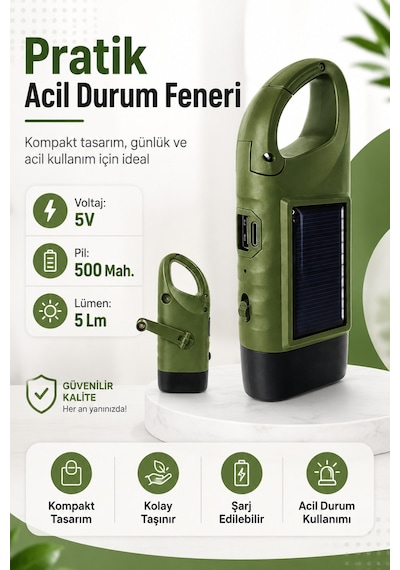 Solar Panelli Şarjlı Dinamolu Powerbank Fener El Kranklı Usb-c Kamp Ve Acil Durum Lambası Karabinalı Yeşil