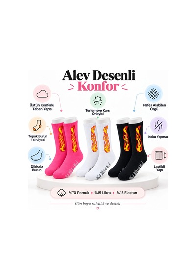 Teorastore Unisex Alev Desenli Çorap 3'lü Set Pamuklu Uzun Soket Dikişsiz Nefes Alan Günlük Spor Çorabı Yumuşak Çok Renkli