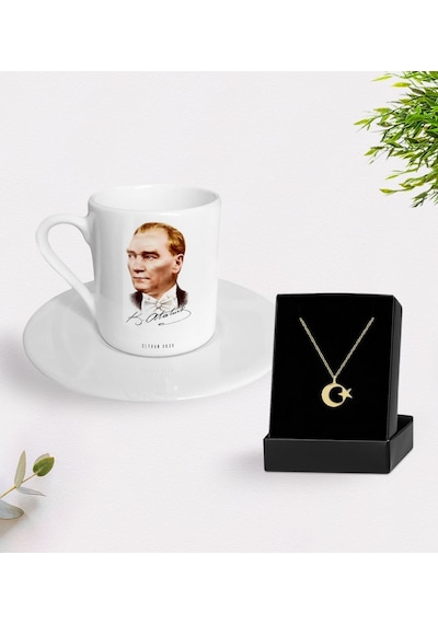 Kişiye Özel Atatürk Temalı Türk Kahvesi Fincanı Ve Ay Yıldız Kolye Hediye Seti-15