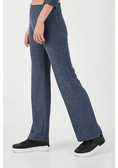 Lela Slim Fit Yüksek Bel Geniş Paça Dokulu Bayan Pantolon 5865944 Indigo