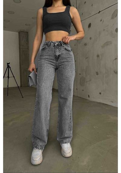 Woddi Antrasit Salaş Çnr Kadın Yüksek Bel Palazzo Jeans Likralı Esnek Kot Pantolon Yeni Hsn-2 Füme