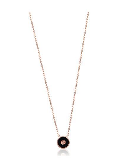 Zirkon Taşlı Rose Altın Kaplamalı Siyah Mineli Yuvarlak Gümüş Kolye Gold - Rose Gold - Gümüş