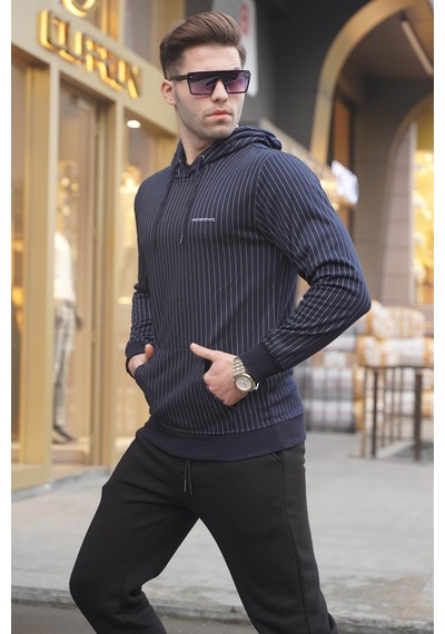 Madmext Lacivert Çizgili Kapüşonlu Erkek Sweatshirt 4692 Lacivert