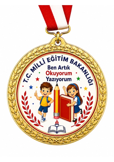 Tc Milli Eğitim Bakanlığı Okuyorum Yazıyorum Madalyası - Dijital Baskılı 1. Kalite Madalya Altın