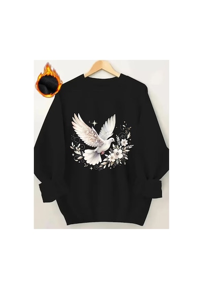 Herkesemoda Güvercin Baskı Detaylı Bisiklet Yaka Sweatshirt Siyah