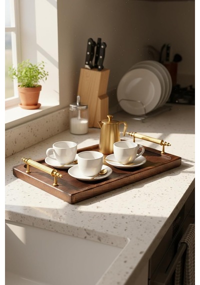 Golix - Gold Metal Kulplu Ahşap Tepsi Sunum Tepsisi Çay Kahve Servis Tepsisi Altın 30 X 20