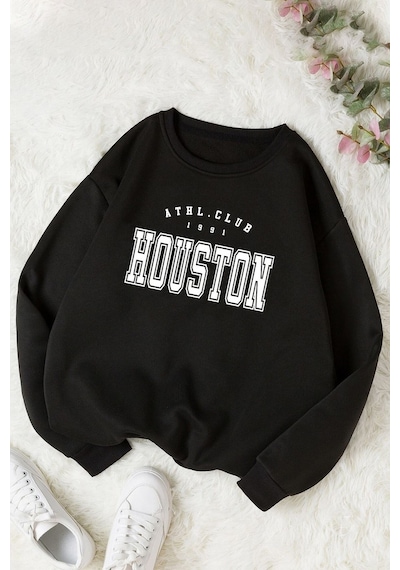 Unisex Houston Bisiklet Yaka Sweatshirt Siyah