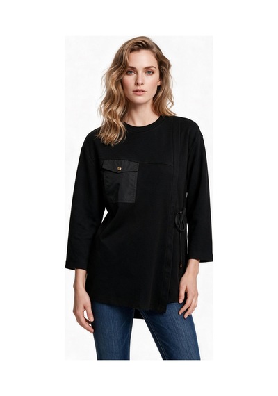 Scl Kadın Bisiklet Yaka Cepli Asimetrik Tasarım Uzun Kollu Sweatshirt Siyah
