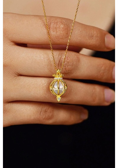 Erdobia Zirkon Taşlı Gold İncili Kafes Gümüş Kolye N10158