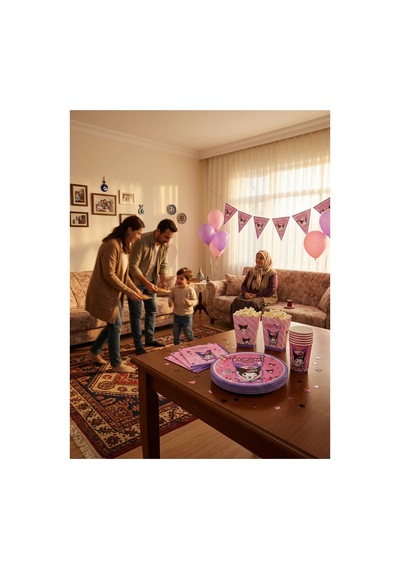 Kuromi Temalı Doğum Günü Parti Seti 8 Kişilik Tabak, Bardak, Balon, Flama, Popcorn Kutusu, Peçete