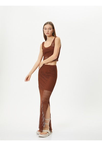 Koton Fileli Crop Atlet Kalın Askılı U Yaka Slim Fit Kahverengi 4sal30063ık 4SAL30063IK501 Kahve