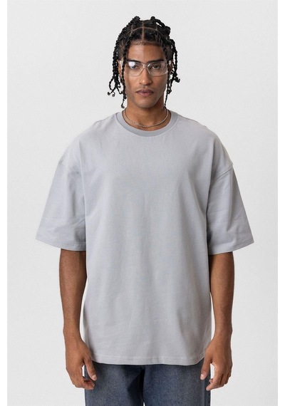 Vamos Basic Oversize Bisiklet Yaka Tişört Gri