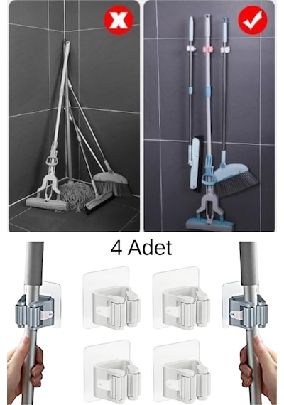 4 Adet Yapışkanlı Pratik Mop & Temizlik Fırçası Tutucu Duvar Monteli Süpürge & Mop Askısı Çok Renk Diğer