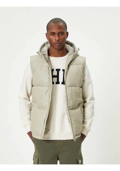 Koton Şişme Yelek Slim Fit Kapşonlu Fermuarlı Cepli Bej 5wam20043hw Ekru