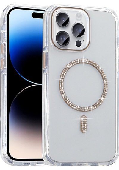 Apple Uyumlu iPhone 14 Pro Max Kılıf Taşlı Tasarım M-safe Şarj Özellikli Mkst Koment Silikon Kapak - Gold Altın