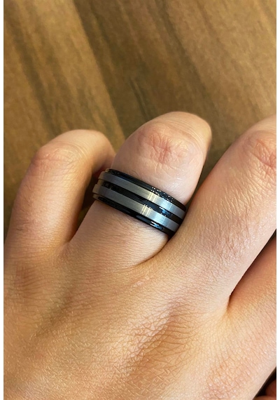 Erkek Gümüş İkili Çizgi Model Siyah Renk Tungsten Yüzük Siyah - Gümüş