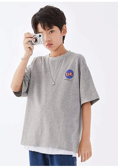 Flood Of Style Erkek Çocuk Gri Dk Baskılı Oversize Bisiklet Yaka Tshirt