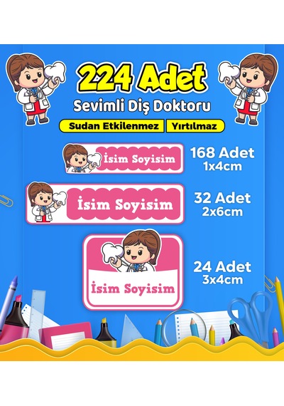 Sevimli Diş Doktoru Temalı Okul Kreş Kişiye Özel İsim Etiket Seti - Model 510 Çok Renkli