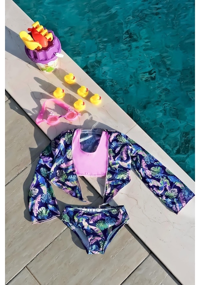 Mayom Kız Çocuk Yaprak Desenli Pareolu Bikini Takımı 3'lü Set-lacivert-pembe Lacivert - Pembe Mayom Kız Çocuk Yaprak Desenli Pareolu Bikini Takımı 3'lü Set-lacivert-pembe Lacivert - Pembe
