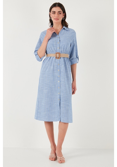 Lela Pamuklu Regular Fit Kemerli Midi Boy Gömlek Bayan Elbise 67810301 Indigo