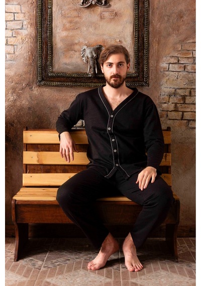 Sude Homewear Erkek Düğmeli Pijama Takımı Siyah - Beyaz