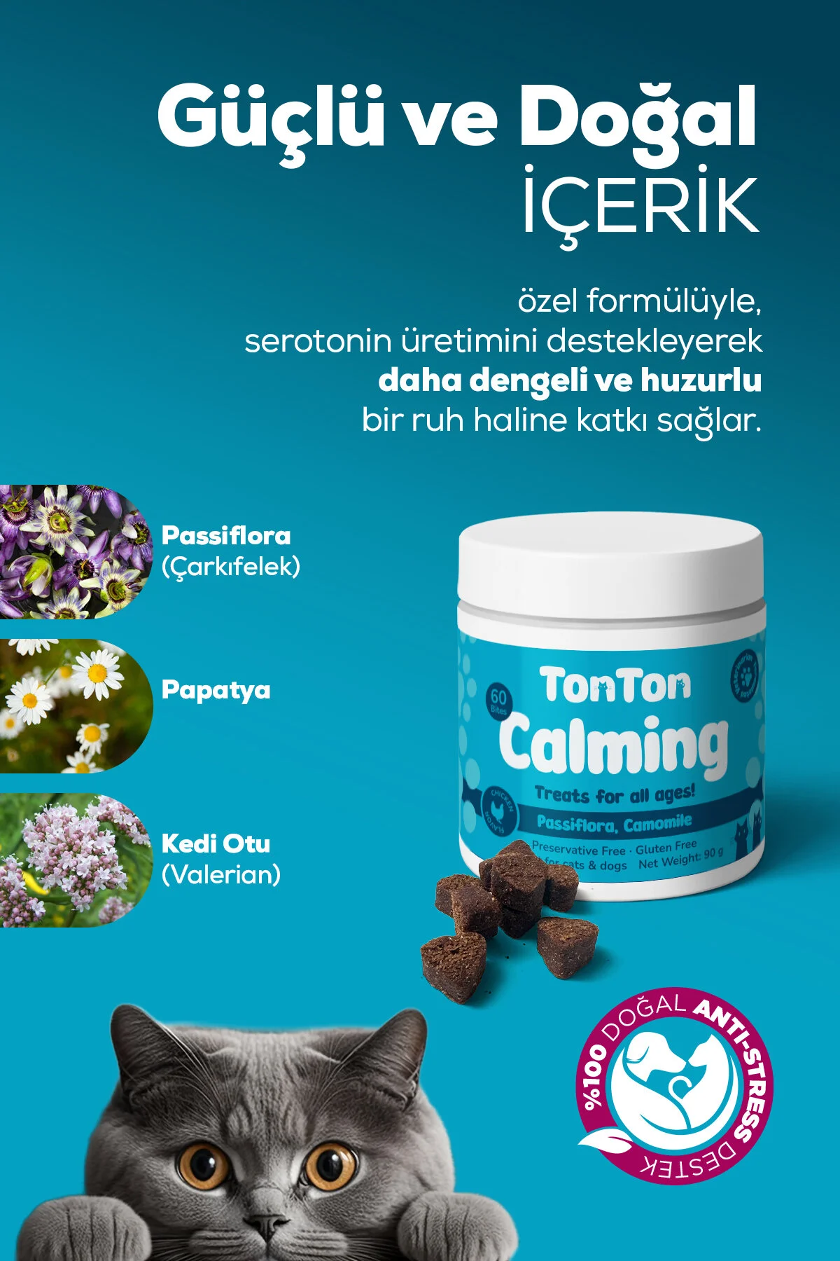 Sakinleştirici Çiğnenebilir Tablet Kedi Köpek İçin 60 Lı Anti Stres Calming Destek