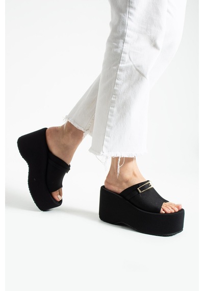 Dabab Shoes Lunara Kadın Siyah 10 Cm Platform Topuk Tokalı Kalın Taban Terlik Sandalet