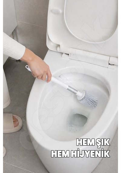 Silikon Klozet Ve Wc Fırçası - Paslanmaz Alüminyum Sap - Vidasız Duvar Askılı Güçlü Yapışkan