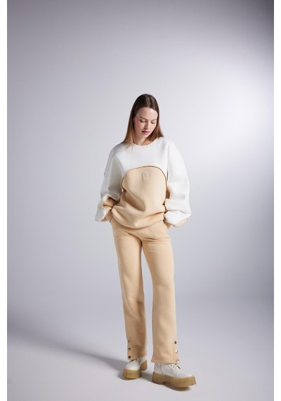 Holly Lolly Şardonlu 3 İplik Kumaş Logolu Oversize Nola Sweatshirt Bej