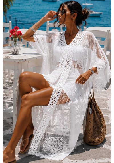 Asprinfashion Kadın İthal Dantel Pareo Kimono Plaj Elbisesi Beyaz Bohem Yazlık Kaftan