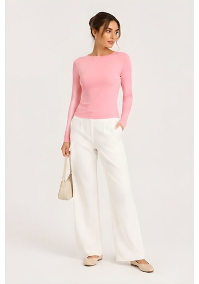 Lili Woman Kadın Thumbhole Fit Uzun Kollu Crop Bluz E.7006 Pembe