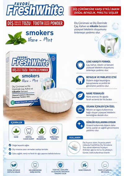 Favori Freshwhite Smokers Diş Temizleme Tozu 50 Gr Nane Aromalı Diş Parlatıcı Toz Kahve Çay Lekelerine Karşı Bakım