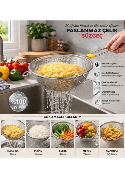 Çelik Süzgeç Paslanmaz Bakliyat Süzgeci 18 Cm Gri