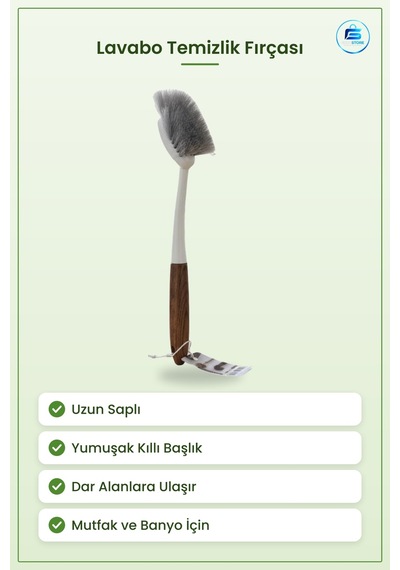 Lavabo Temizlik Fırçası Uzun Saplı Ahşap Desenli Tutamaklı Mutfak