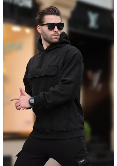 Madmext Siyah Kapüşonlu Kapaklı Cep Detaylı Polar Erkek Sweatshirt 7097 Siyah
