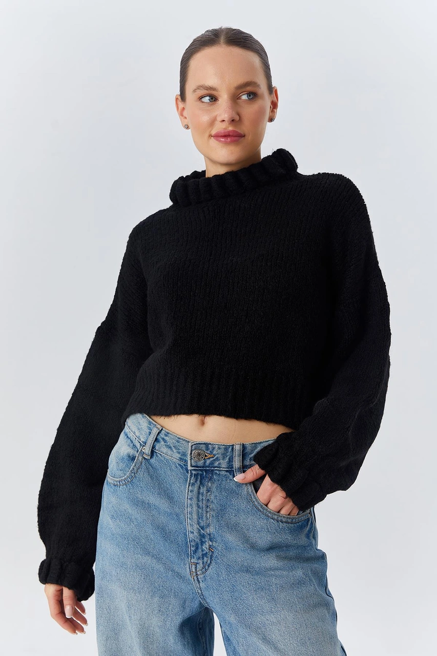 Mixray 6883 Kadın Fırfır Detay Crop Triko Kazak Siyah