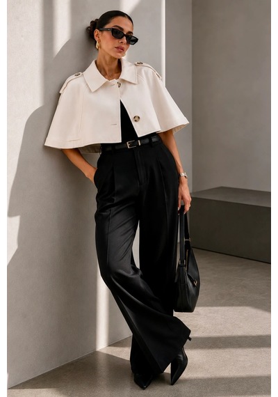 Bb Butik Basic Kadın Premiun Omuz Apoletli Crop Panço Trençkot Fs3434 beyaz