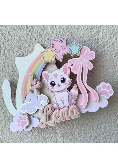 Kedi Temalı Kız Çocuk Doğum Günü İsme Özel 3d Pasta Parti Süsü Cake Topper Çocuk