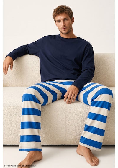 Siyah İnci Desenli Pamuklu Örme Pijama Takım 8093 Saks Çizgi