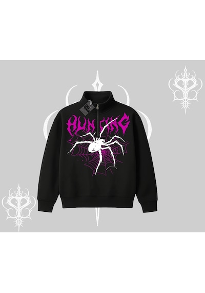 Startmore Beyaz Yarım Fermuarlı Sweatshirt Autumn Spider Siyah