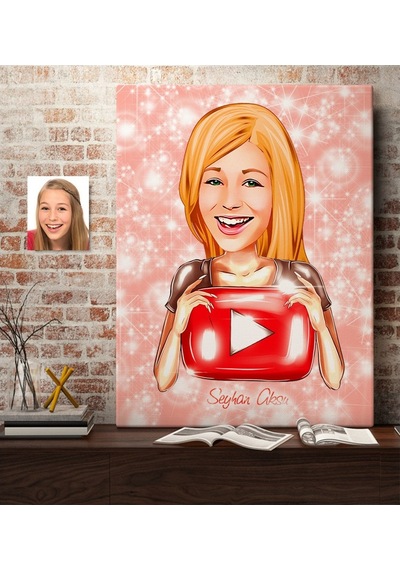 Kişiye Özel Kadın Youtuber Karikatürlü Kanvas Tablo 50X70Cm-1