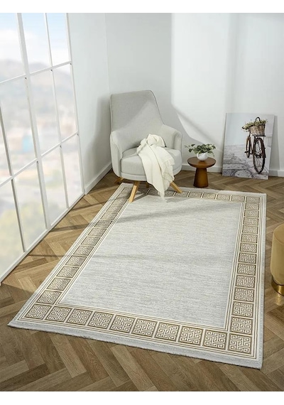 Zenith Zn002a Gri Halı Gold Kenar Çerçeveli Modern Parlak Yumuşak Kadife Ince Antialerjik Salon-641 Krem