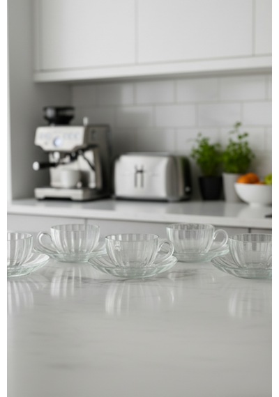 Crystal Rib 12 Parça Cam Çay Takımı 170 Ml Bardak & Tabak Beyaz
