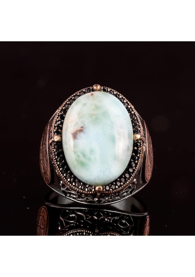 Larimar Taşlı Yüzük - Huzurlu 925 Ayar Solid Gümüş Erkek Yüzüğü - Okyanus Sakinliği Tasarımı Gümüş