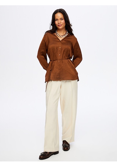 Faik Sönmez Beli Kuşaklı Kapüşonlu Krinkıl Saten Tunik W26tnk016 Uw26tnk01630 Kahve